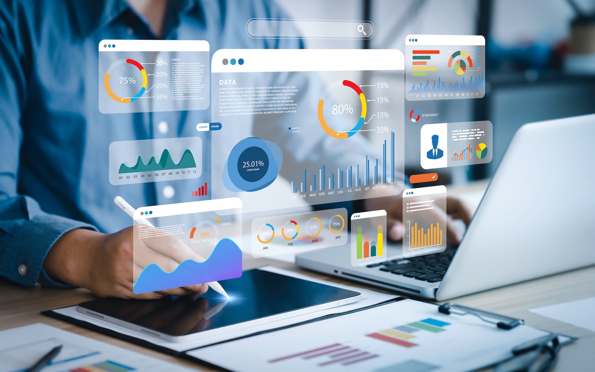 Futuristic look of transparent windows with charts and graphcs